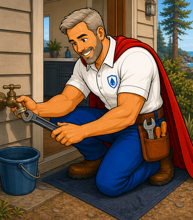 Ian repairing a shower valve fixture at a Mendocino Coast home