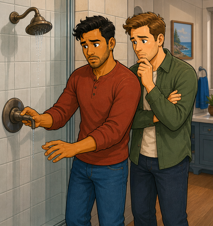 Property manager discovering a monitored fixture problem in a bathroom