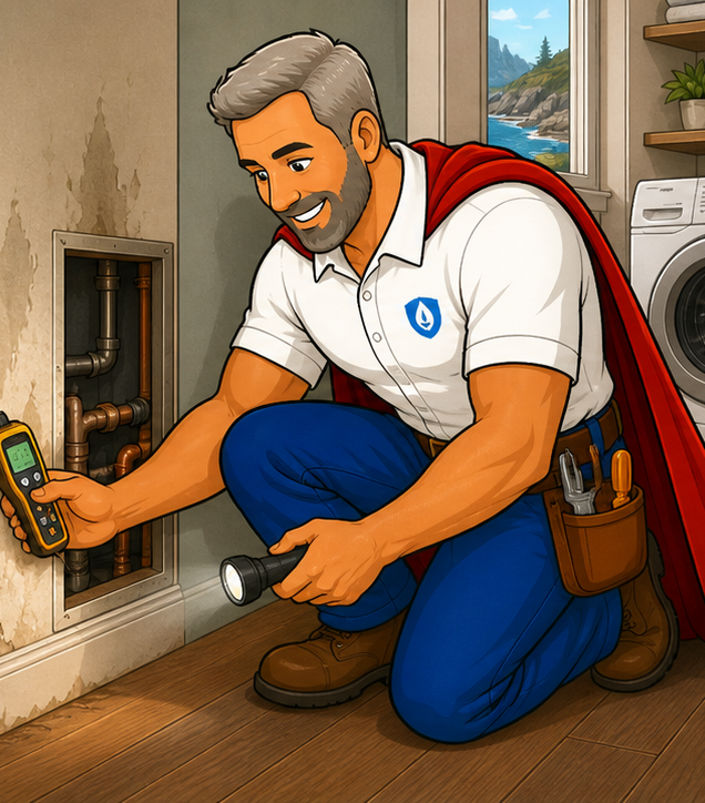 Ian diagnosing a moisture concern with a moisture meter at a Mendocino Coast home