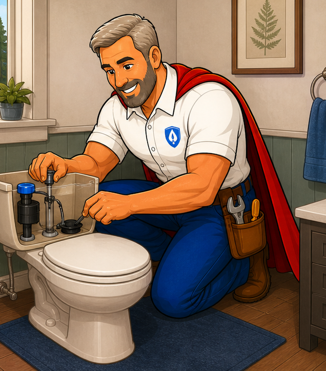 Ian repairing a running toilet tank in a Mendocino Coast guest bathroom