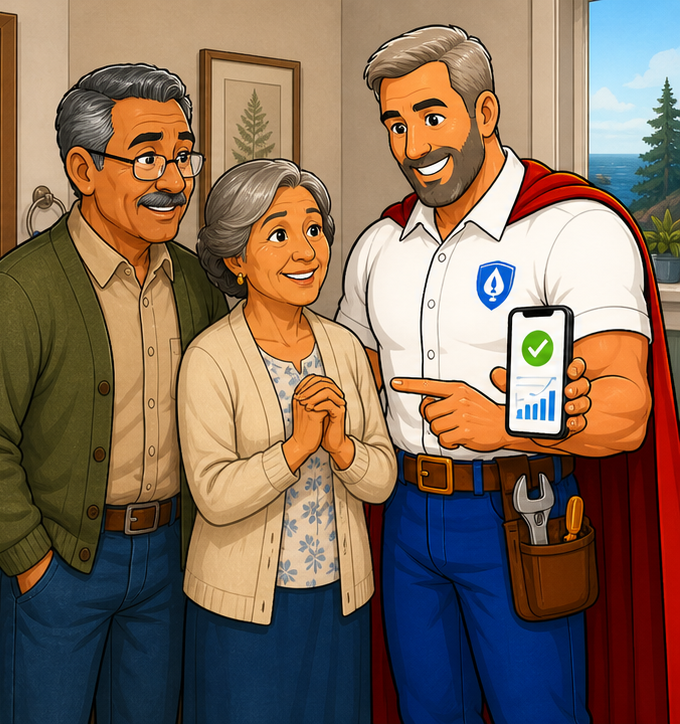 Ian and an elderly couple after a running toilet repair