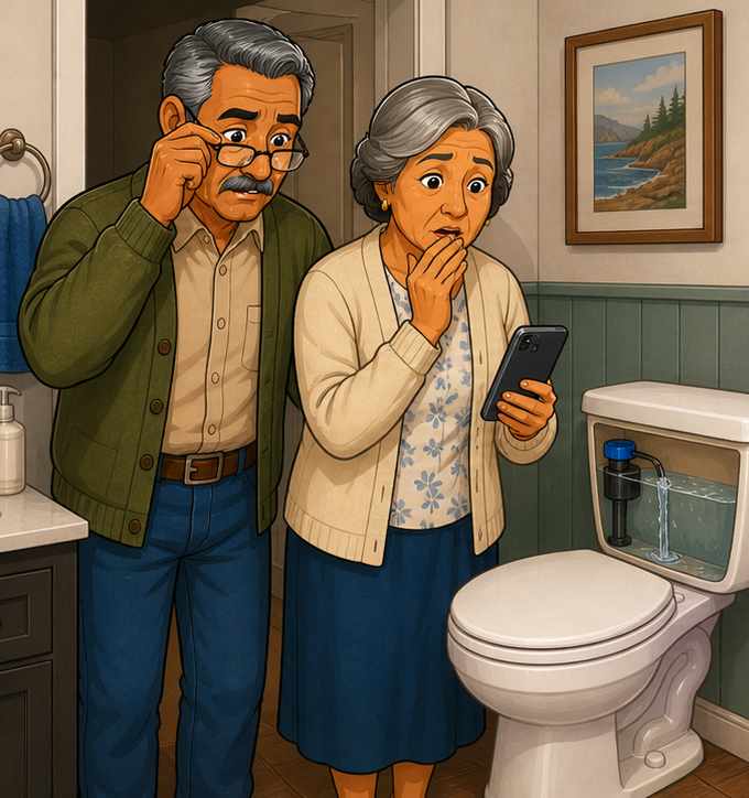 Elderly couple discovering a running toilet alert in a rarely used guest bathroom