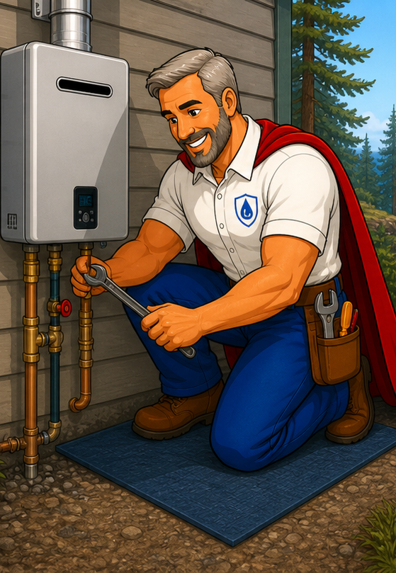 Ian working on tankless water heater service at a Mendocino Coast property