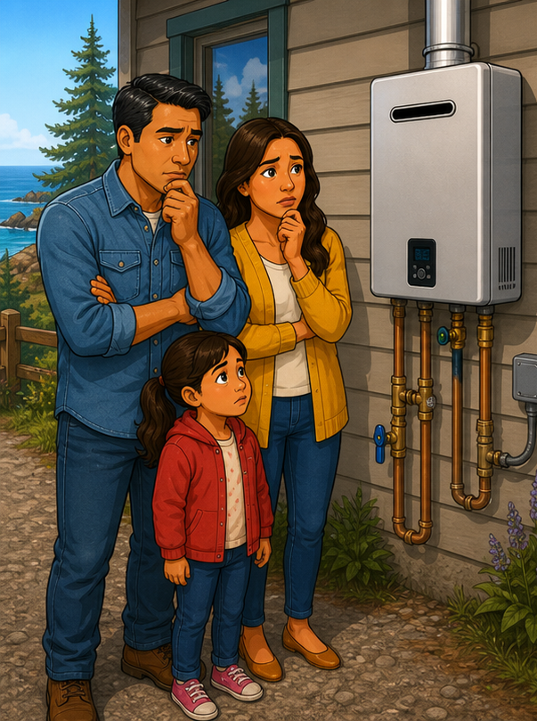 Client discovering a tankless water heater service issue before Smart Leak Protection arrives