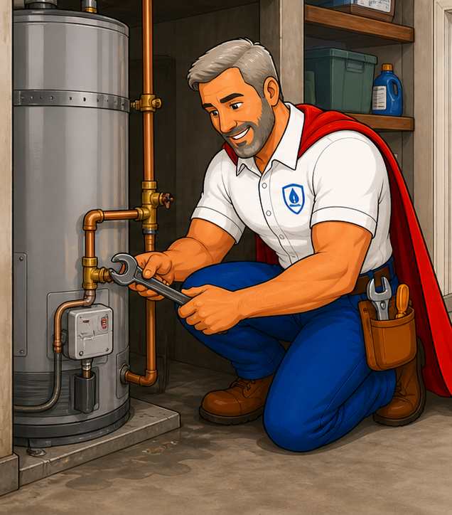 Ian working on broken water heater repair at a Mendocino Coast property