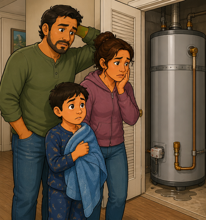 Client discovering a broken water heater repair issue before Smart Leak Protection arrives